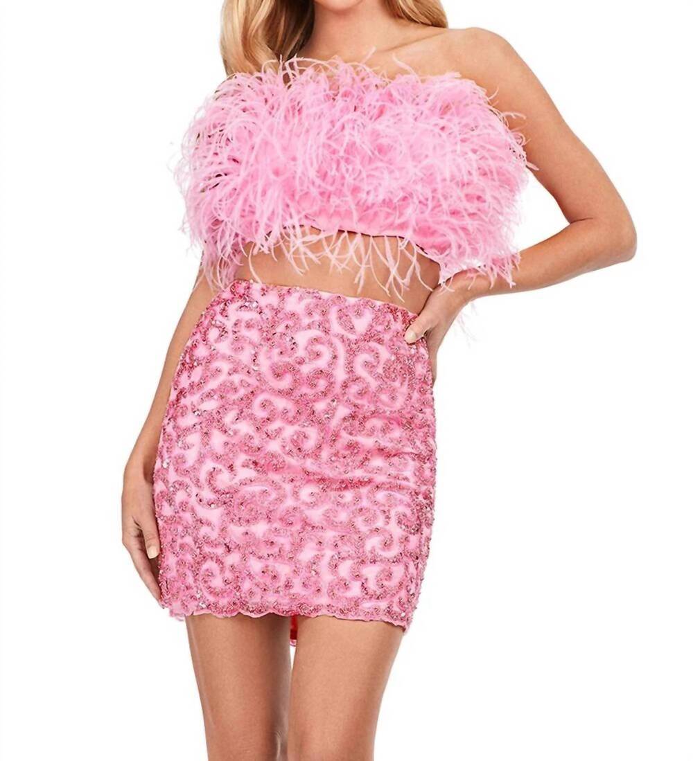 NEW ASHLEYLAUREN feather bustier strapless dress in candy pink
